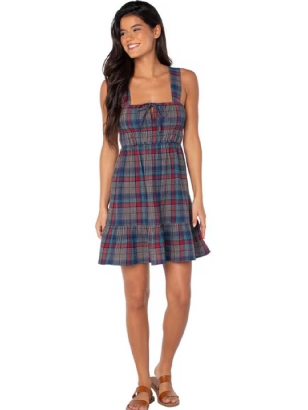 NWT Roxy Juliette Plaid Smocked Mini Dress Blue Multi Women's Size XXL